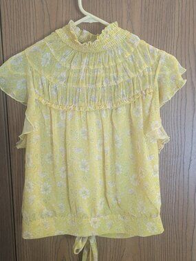 Fate Ruffle Boho Tie High Neck Flutter Sleeve Floral Yellow Peasant Blouse- S